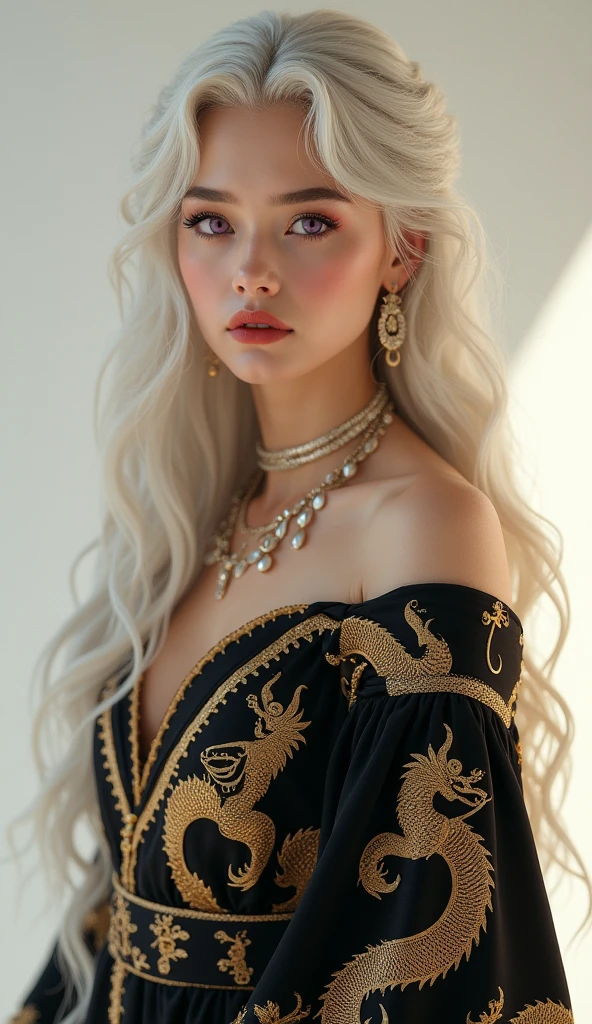 1 woman, full body shot (1.3),close up face shot (1.3), face shot, corridor,Soft Light, Targaryen Beauty,dress,Light-haired,long hair,
white background, gorgeous Targaryen girl, with thick and long wavy silver-gold glossy hair, big and large almond shaped deep violet bright eyes, long and thick curly golden eyelashes, upturned nose, high nose bridge, fullest and plumpest pouty red luscious lips, oval face shape, shorter face, shorter chin, tiny face size, pale milky white traslucent perfect skin, whitening skin, hourglass voluptuos shaped body, tiny and narrow waist, rounded hips, long and slender beautiful legs, big perfect brests (1.4), large breasts, bust size 84 cm, waist 60 cm, hips 86 cm, bra size 32 C, tall at 5’7, full body image, realistic, photorealistic, ultradetailed, skin texture, hyperealismHigh Resolution, Closed Mouth, highly detailed, high resolution 8K, wearing a Targaryen queen dress with intricate golden dragons dancing sewed on the black dress dress highliting her horglass body, detailed jewlry, 30-years-old