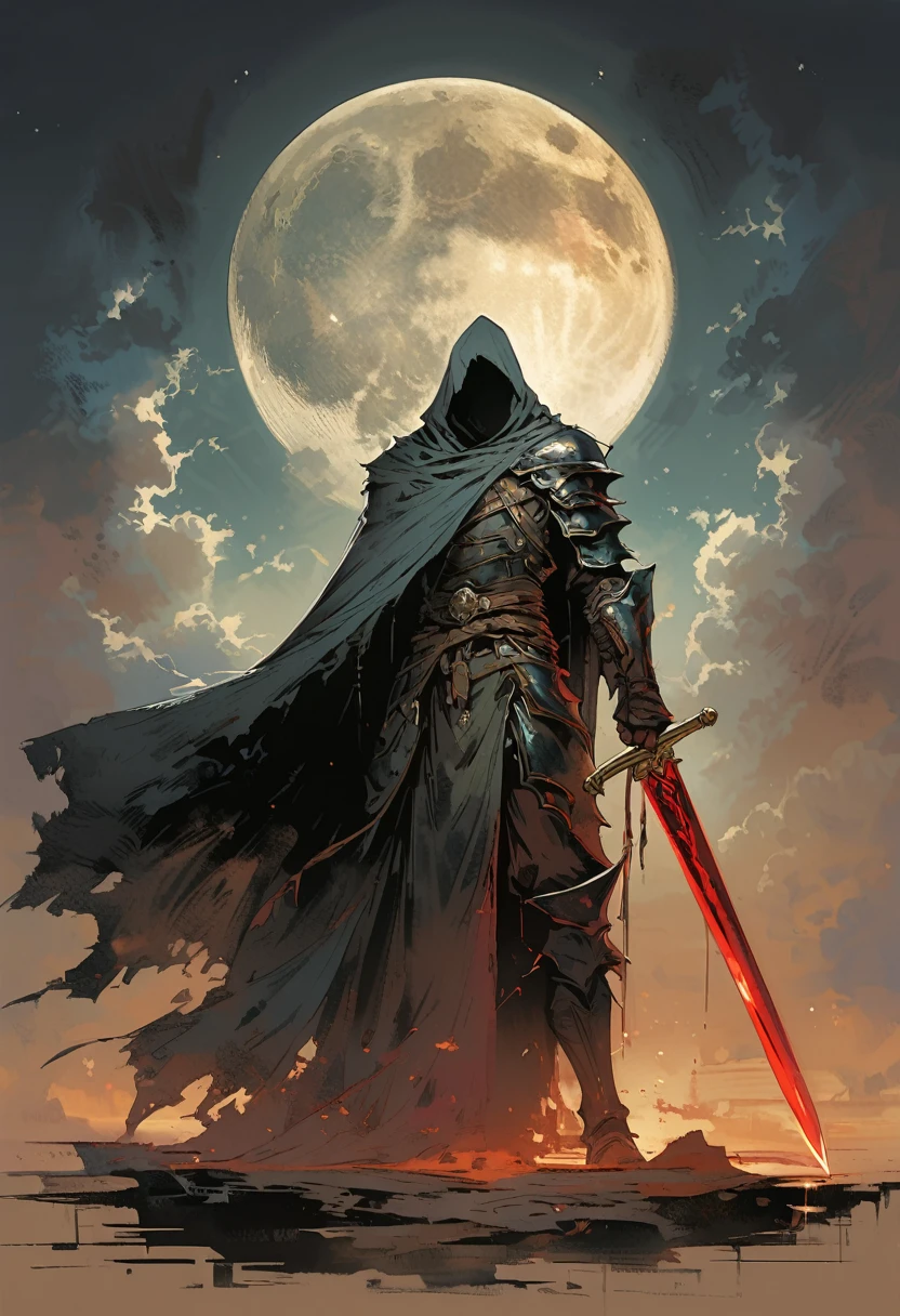 A huge sword with its tip pointing upwards in front of a black cloak, Dark fantasy illustration with dark sky and bright moon in the background, In the style of Yoji Shinkawa.