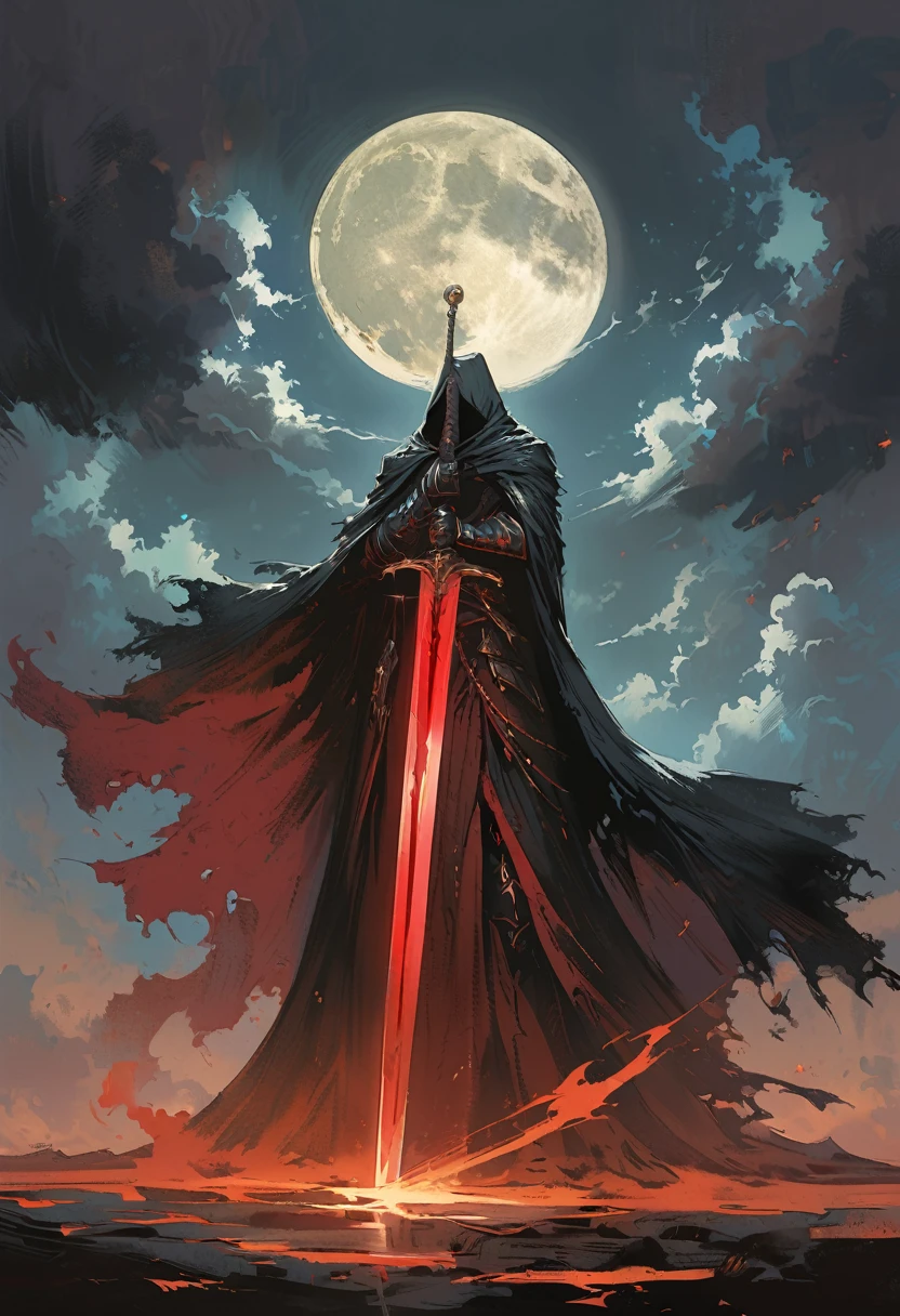 A huge sword with its tip pointing upwards in front of a black cloak, Dark fantasy illustration with dark sky and bright moon in the background, In the style of Yoji Shinkawa.