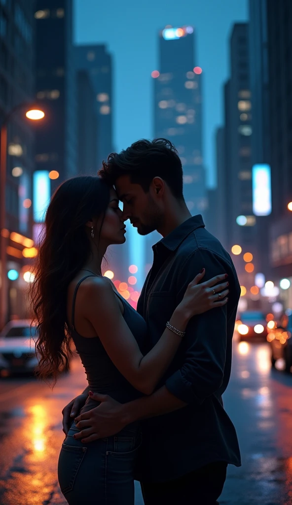 The picture shows a girl and a guy in the back body position and then it looks like it's in the middle of the city, so at night there are lots of lights