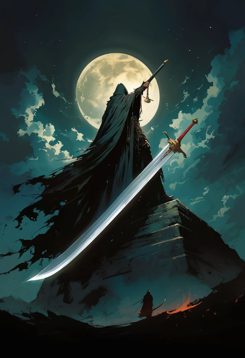A huge sword with its tip pointing upwards in front of a black cloak, Dark fantasy illustration with dark sky and bright moon in the background, In the style of Yoji Shinkawa.