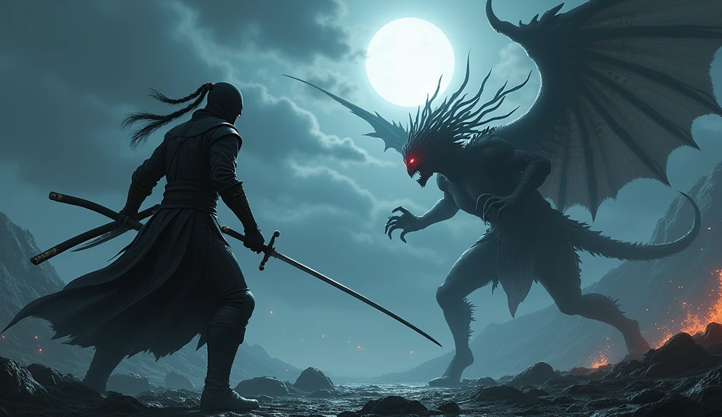 Ninja Gaiden, Ryu Hayabusa, wielding his sword about to fight a female demon, at night