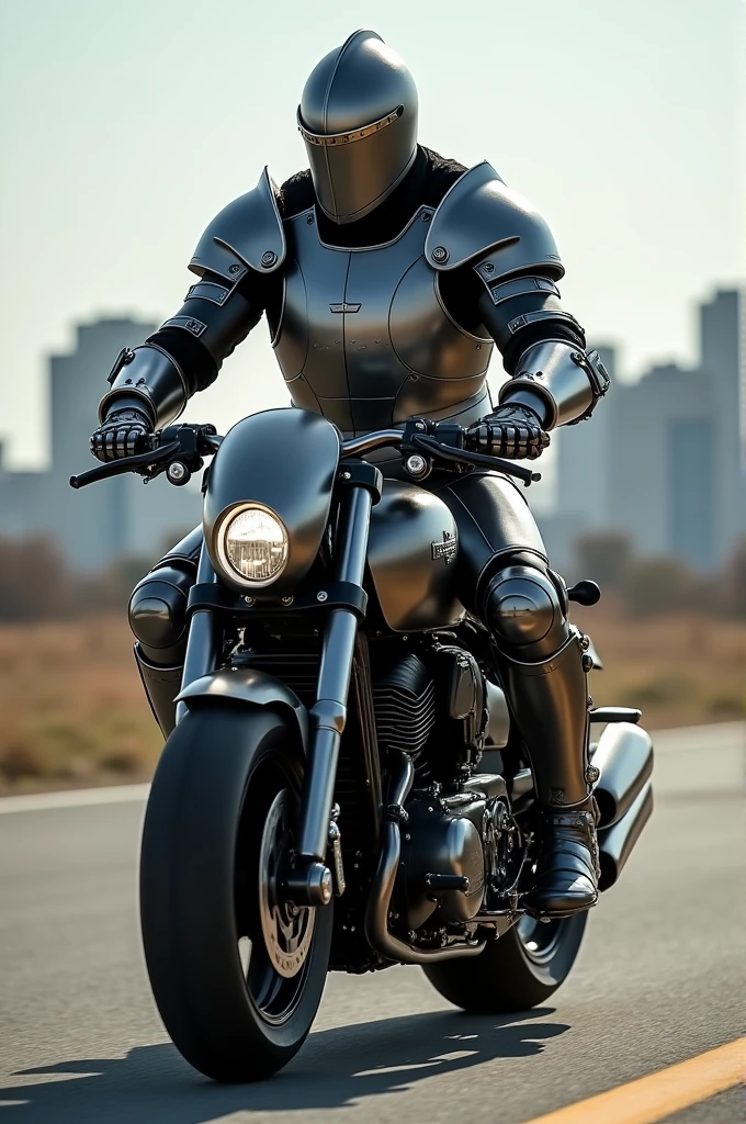 Un chevalier en armure qui fait de la moto