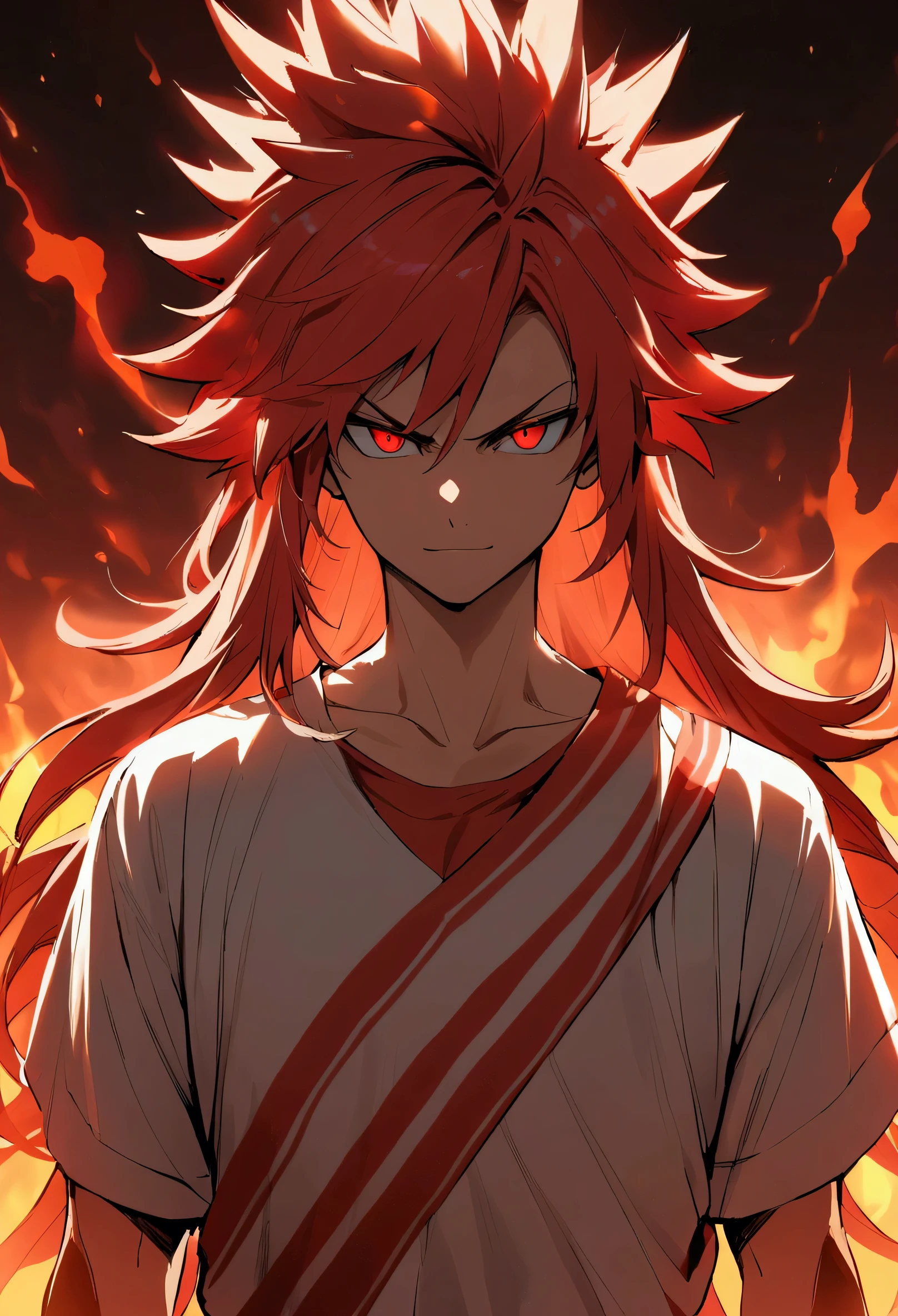 teenage boy, spiky hair, long hair, bright red hair, big strip, Eyes red, serious face, simple smile, loose, flared white shirt, red tattoos on the body, bright fire aura.