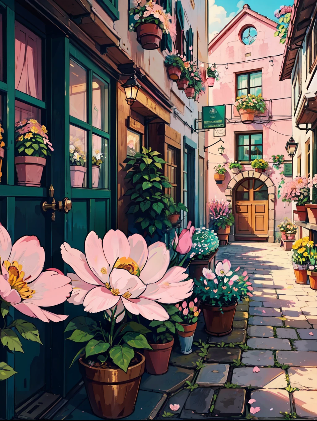 (masterpiece:1), A highly (detailed anime-style:1) (illustration:1)of a picturesque European street. The (main building1.5)in focus has an old-world charm, with its facade intricately painted with vibrant floral patterns. (Pink:1.5) and (red roses1.5) cascade down from the roof, covering the walls in a lush, (blooming display:2). The building features classic windows with green shutters, partially open to let in the warm sunlight, which casts gentle shadows across the cobblestone street. Surrounding buildings are equally quaint, adorned with ivy and small (potted plants:1.5), contributing to the street's lush, (green atmosphere1.2) The overall scene should evoke a sense of peace and whimsy, capturing the magic of a serene, (flower-covered alley:1) in a historic town, with warm lighting that enhances the fairy-tale mood.