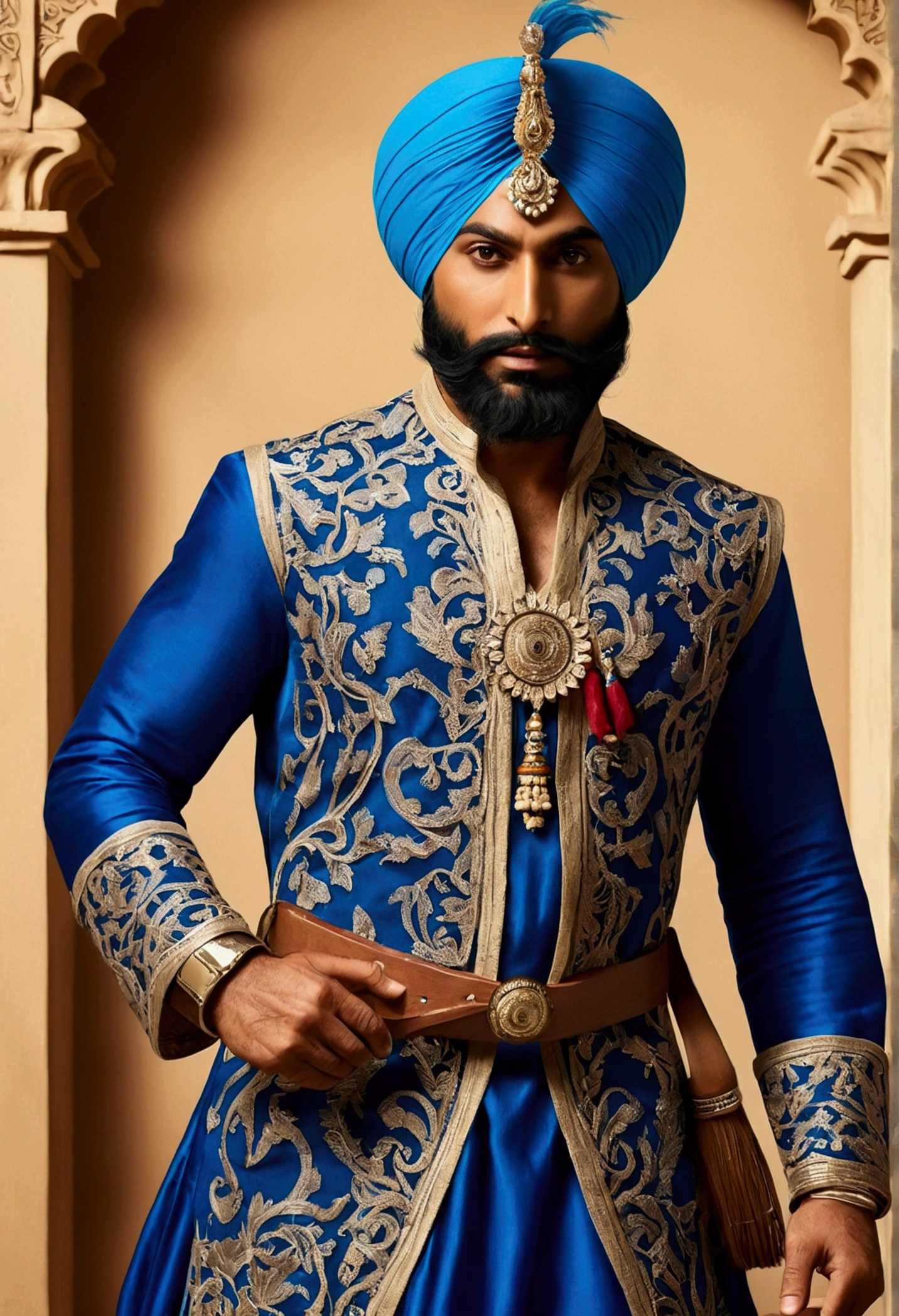 (masterpiece), (extremely intricate:1.3), (realistic), I punjabi man with warrior blue dress up.