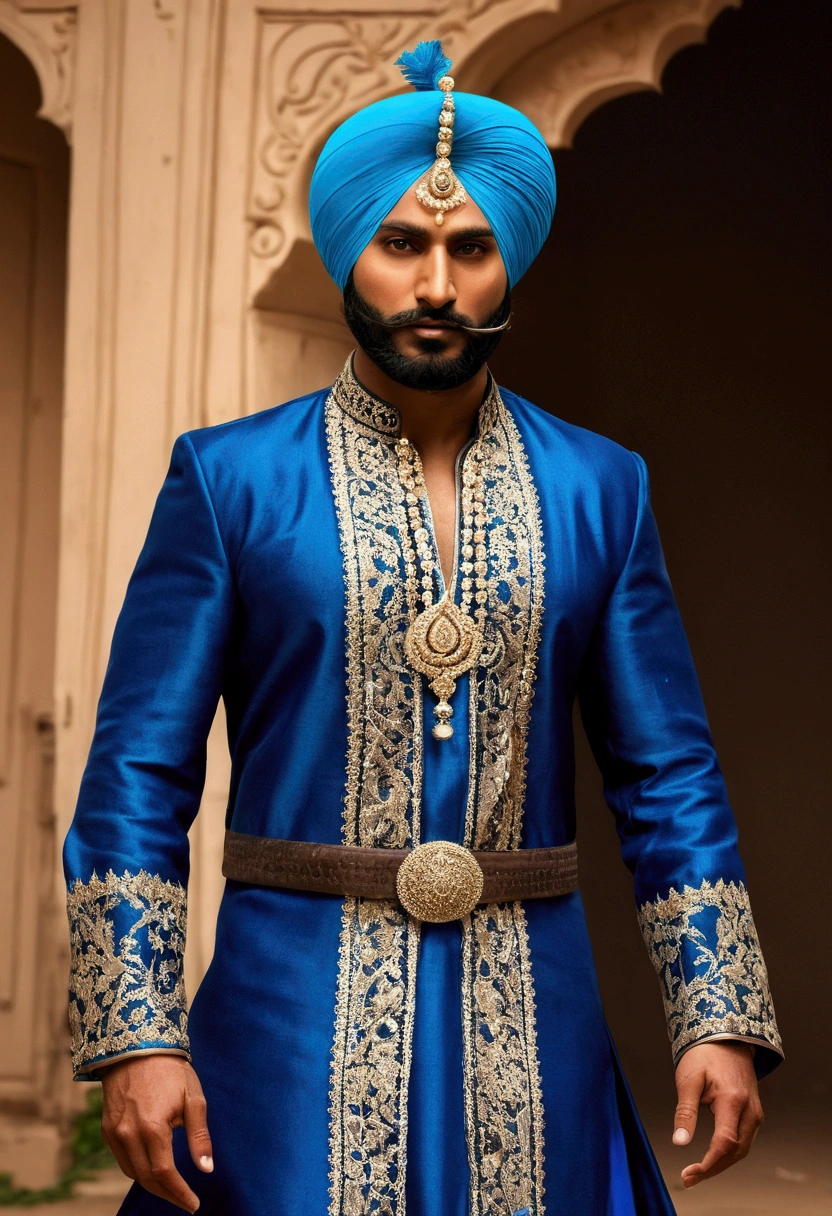 (masterpiece), (extremely intricate:1.3), (realistic), I punjabi man with warrior blue dress up.     