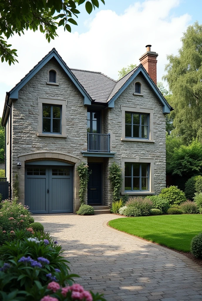 2 story house, grey in London suburbs with garden at back and garage in front