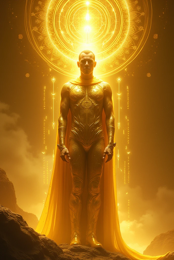 wide view, full size, surreal fine art style hunk figure with skin symbolizing transient mortality, engulfed in ethereal and enchanting light indicating an everlasting realm, gaze lifted to infinite skies, soft volumetric light suffusing the scene, colors vivid and lifelike, golden ratio composition, trending on Art station, 8k quality photorealistic concept art, enveloped in a mysterious aura, utilizing complementary colors, octane rendering, Mysterious, glazing technique to achieve great depth and luminosity, glossy, shiny, highly detailed, masterpiece, triple exposure technique employed, ultra-detailed, cinematic.