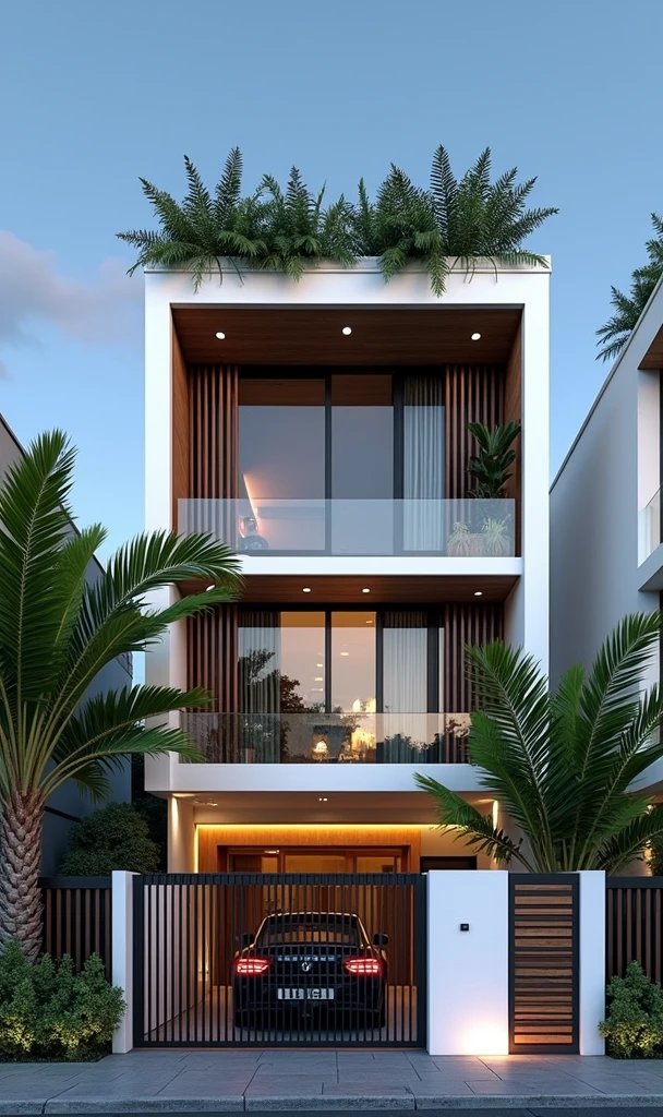maison de ville moderne sur rue, (sun set), arbre tropical, couleur vive, paysages de rue, white tone, white wall, Large glass door, (Warm interior lighting:1.2), wood and marble, best quality, 18ArchiAI_VL-v1