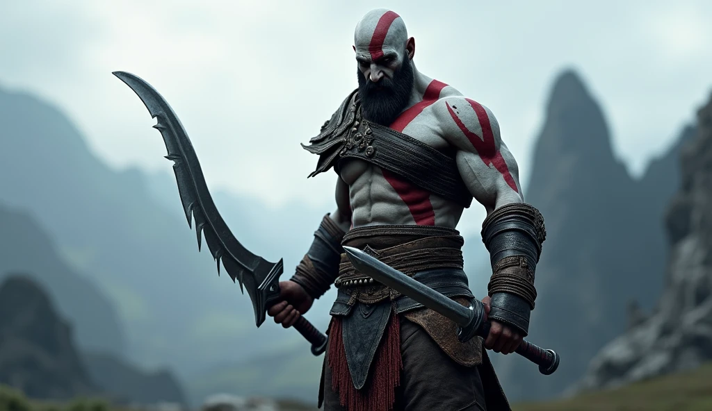 "kratos, main character of God of War, with their original swords, Blades of Chaos, generated with Unreal Engine 5.1, Rendered by Nvidia RTX GeForce 4090 and Processed by Intel Core i9-13900K. The armor is dark and worn, with leather and metal details. The swords are identical to the originals, with its distinctive design and serrated edge. La cara de kratos es igual a la oficial, with a serious and determined expression. The eyes are blue and penetrating. he is bald, with a completely shaved head. The lighting is dramatic, with deep shadows and intense lights. The background is blurry, with a landscape of mountains and cloudy sky. The image is hyperrealistic, with extremely precise details and realistic textures. The look is cinematic, with a focus on action and character intensity."
