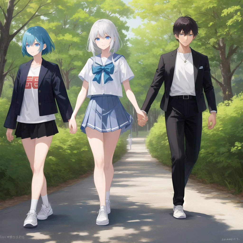 (masterpiece:1.2), (high quality:1.2), anime style, a girl, tall, slender figure, athletic build, deep blue short hair with slightly longer nape, lightly curled ends, side-swept bangs partially covering the right eye, cool grayish-blue eyes with a sharp gaze, elongated face with sharp contours, slightly high cheekbones, well-defined nose, subtle smile, healthy olive skin, casual Japanese school uniform with an open jacket, white shirt with the top button undone, pleated skirt, belt with a charm of a favorite basketball team's logo, white sneakers with a slightly worn look, walking in a daytime park, surrounded by greenery, sunlight filtering through the trees, relaxed atmosphere