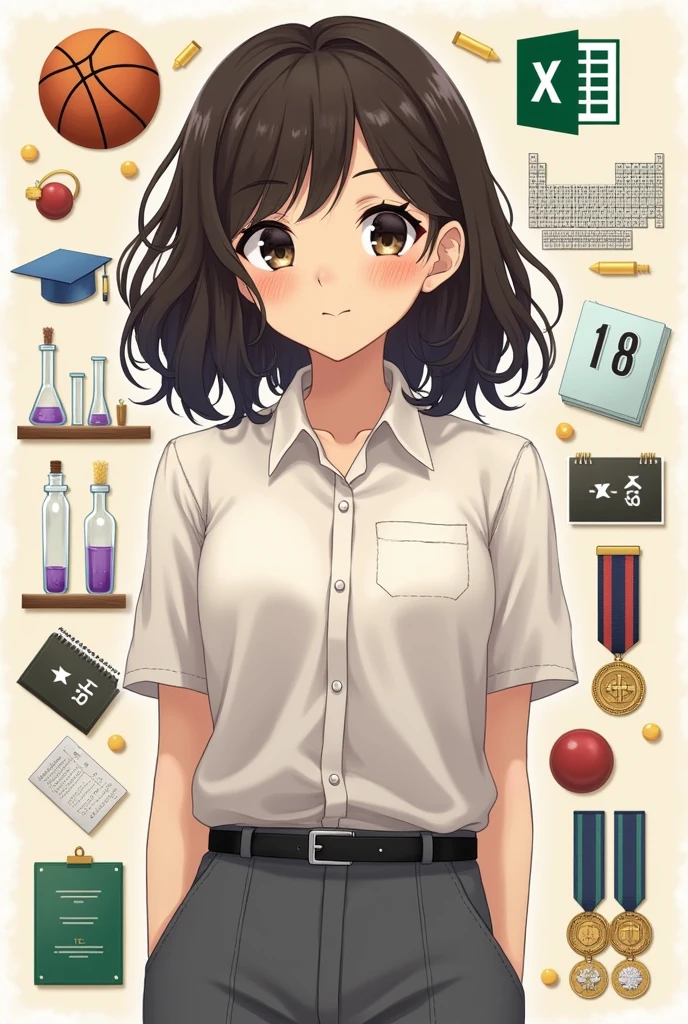 teenager, with dark brown hair, dark brown eyes, wavy hair that is somewhat curly, shoulder length hair and cut in layers separated almost in the middle but not completely in the middle, somewhat disheveled without bangs but with strands around the face, not so skinny, white skin, 1.65cm tall, not so skinny but not fat either, somewhat round face, small nose and mouth, slightly Chinese but big eyes. Include in the background something related to the excel logo, basketball, programming, test tubes ond a periodic table of chemistry, and winning medals or competitions. Clothing: formal gray dress pants, button-down dress shirt, black belt, small hoop earrings with a silver cross hanging and silver rings. Look young, study high school. Not anime style. Make a casual pose. Keep what I asked for the background. Not so thin. More disheveled, a more teenage air. A little more disheveled, tips pointed up. Simple smile, facing forward. Hair touching the shoulders.