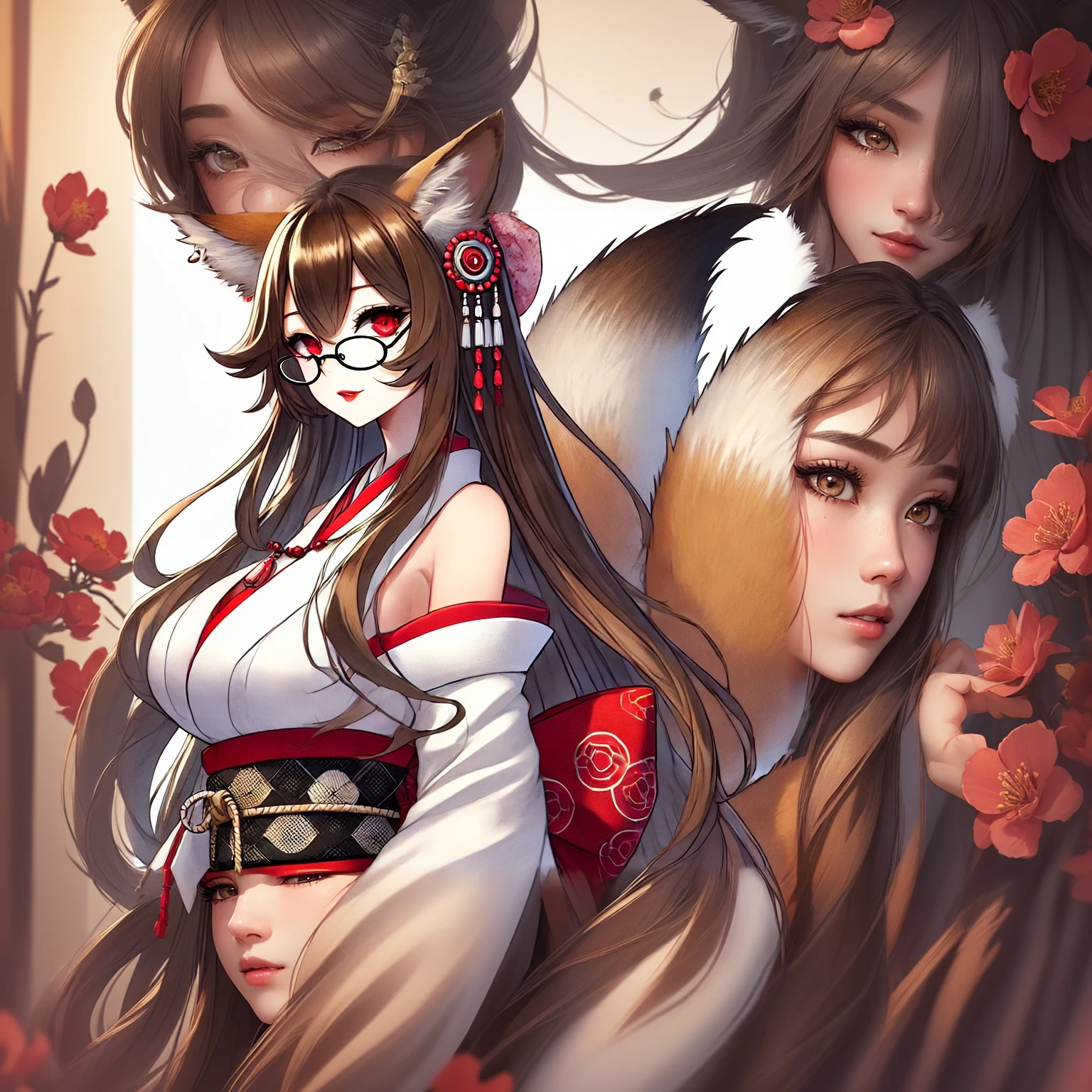 A beautiful miko girl with fox ears and a fluffy fox tail, wearing a traditional Japanese kimono with gorgeous red flowers, intricate detailed kimono patterns, long beautiful hair, delicate facial features, elegant pose, serene expression, beautiful detailed eyes, beautiful detailed lips, extremely detailed eyes and face, long eyelashes, masterpiece, cinematic lighting, photorealistic, 8K, hyper detailed, digital art