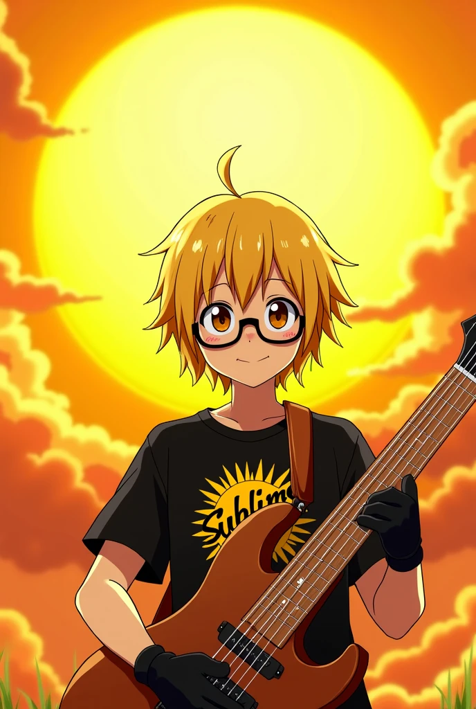 anime with black glasses and little blond hair and a big brown guitar and a yellow sun with black gloves and a black shirt with a yellow sun that says sublime