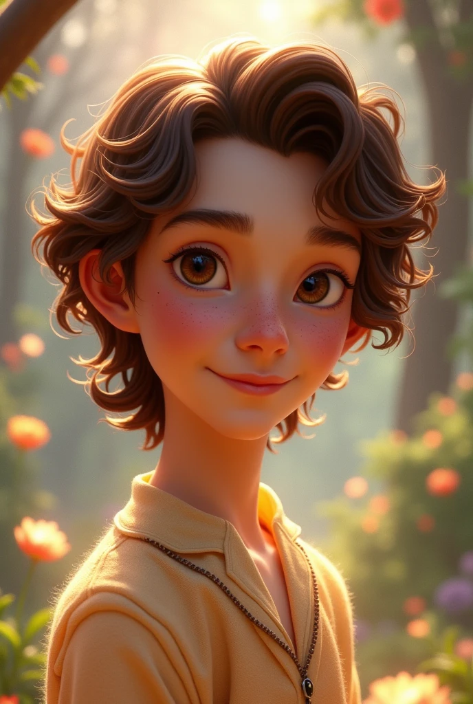Disney princess with curly and brown hair. thin face, small nose but with a slightly raised septum, small lips and light brown eyes.
That I have many freckles. male