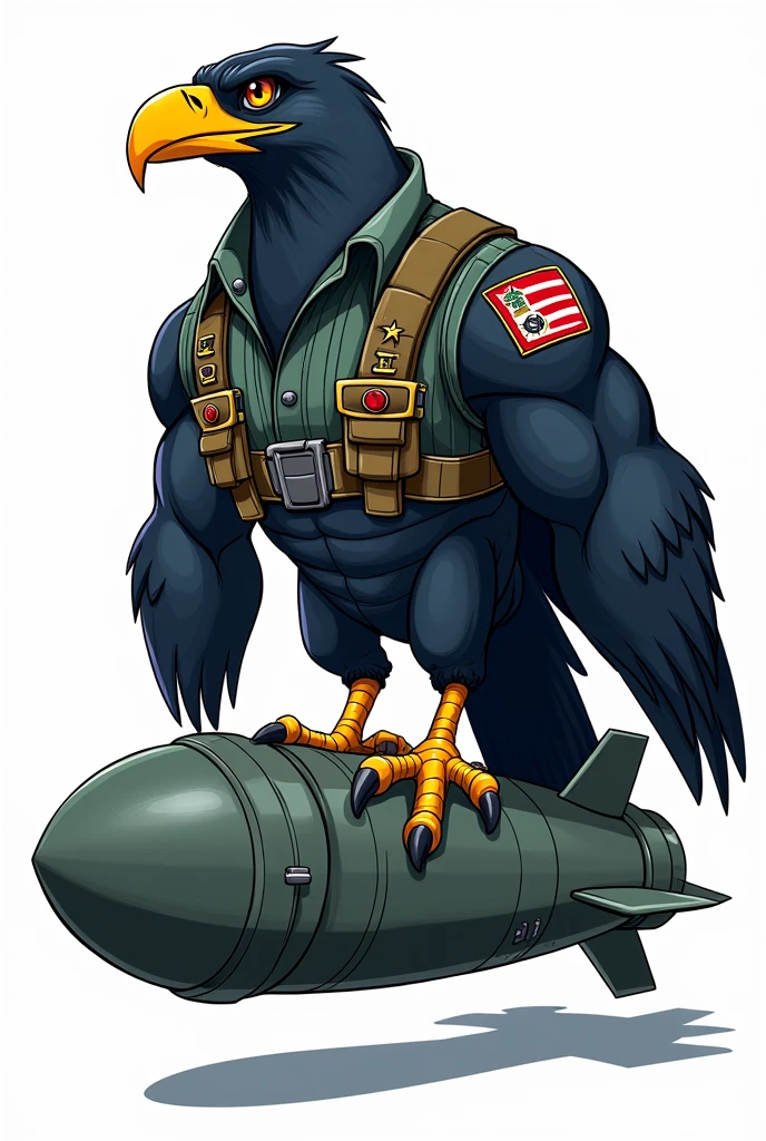 Cartoon of a muscular black hawk with a yellow beak wearing a military pilot uniform, riding a mk 82 bomb white background