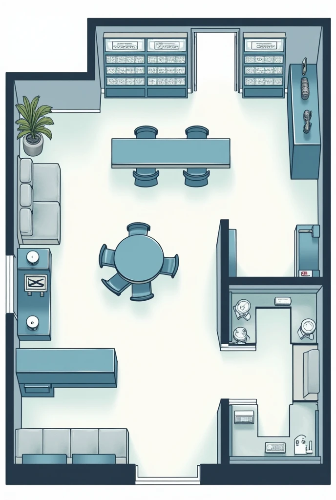 Layout of a compounding pharmacy with the production sector and the administration sector separated at the back of the pharmacy and separated by two different doors