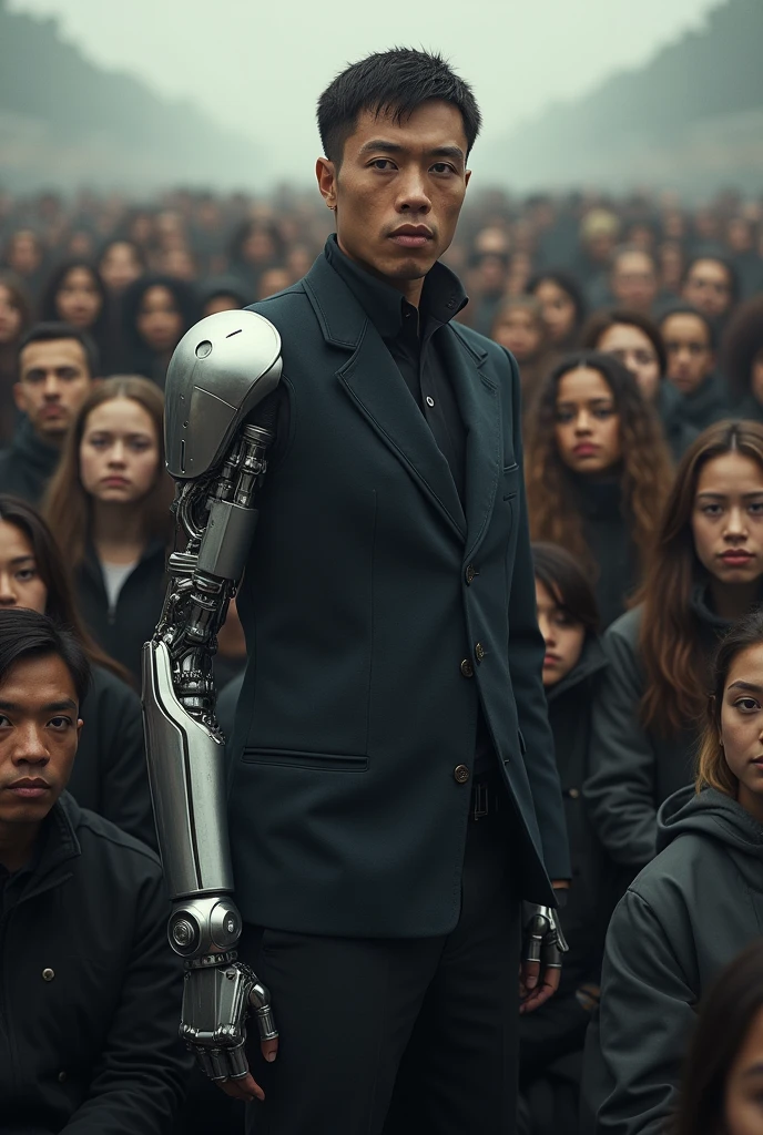 looking at the camera Wearing a prosthetic arm A large number of people