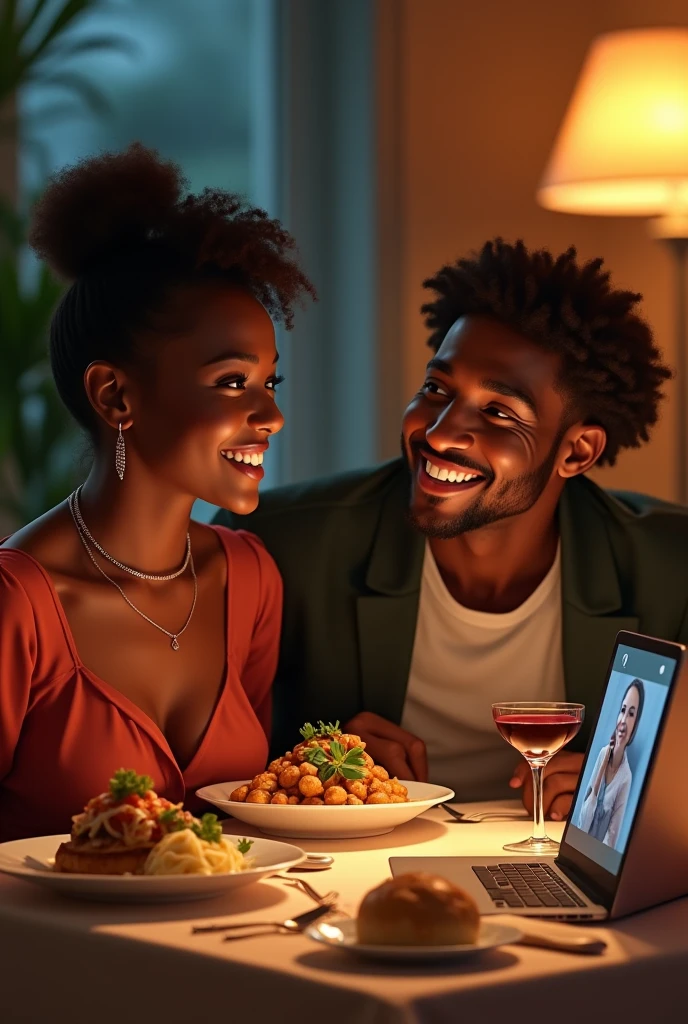 Bisi and Tunde Having Dinner Over a Video Call:

Prompt: "A cozy scene of Bisi and Tunde having dinner over a video call. Bisi should be dressed stylishly, with a table set with food and a laptop or tablet showing Tunde’s face. Tunde should be in a similar setting, laughing and enjoying the meal. The image should capture the warmth and joy of their shared dinner, with realistic and colorful details in 8K resolution."