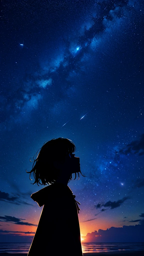 Japanese cartoons、(masterpiece:1.2),(Ridiculous:1.2),high resolution,Very detailed,stunning creation,Starry sky themed artwork、White Sand Beach、Woman looking up at the starry sky、Black silhouette、((Traveler from another world、cape))、gazing heavenward、Beautiful Effects、Lighting production、meteor