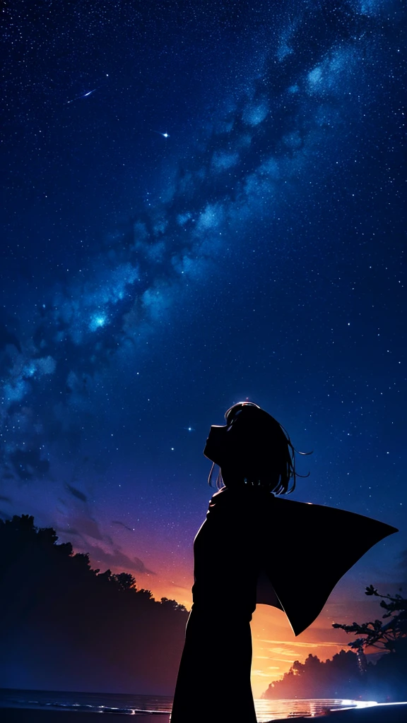 Japanese cartoons、(masterpiece:1.2),(Ridiculous:1.2),high resolution,Very detailed,stunning creation,Starry sky themed artwork、White Sand Beach、Woman looking up at the starry sky、Black silhouette、((Traveler from another world、cape))、gazing heavenward、Beautiful Effects、Lighting production、meteor