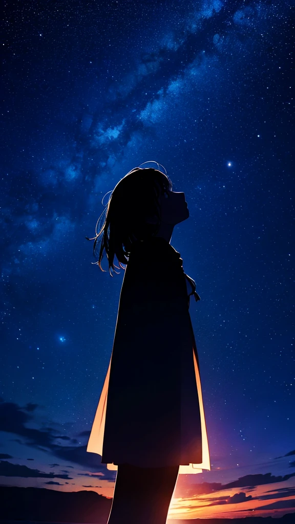 Japanese cartoons、(masterpiece:1.2),(Ridiculous:1.2),high resolution,Very detailed,stunning creation,Starry sky themed artwork、White Sand Beach、Woman looking up at the starry sky、Black silhouette、((Traveler from another world、cape))、gazing heavenward、Beautiful Effects、Lighting production、meteor