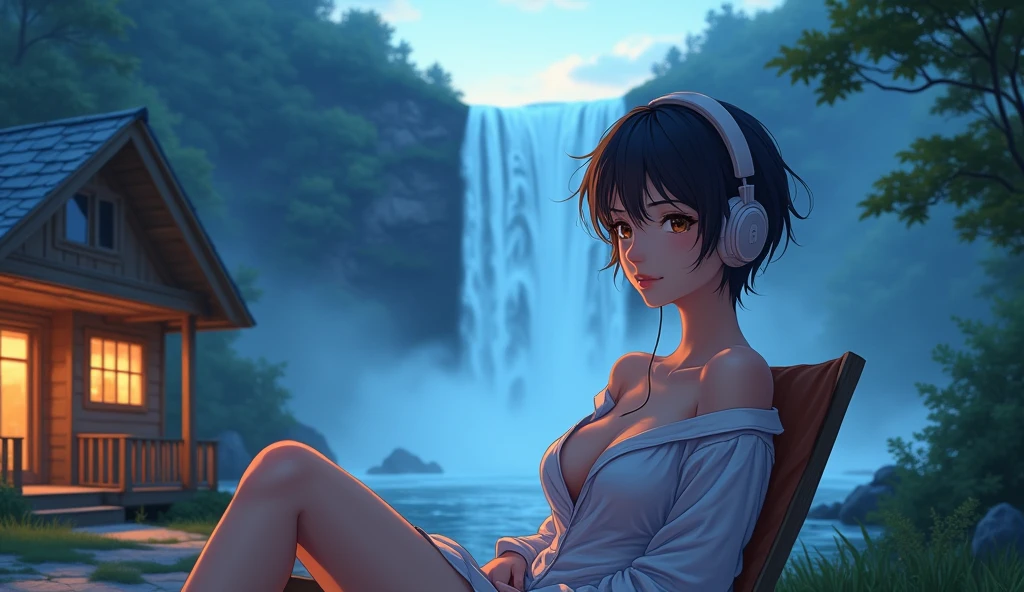  hot girl with short hair wearing pajama, his big breast half open, at night. relaxed listening to music with headphones., sitting on the chair outside cabin very close huge waterfall. Anime style, Lo-fi,vibrant Ambiance