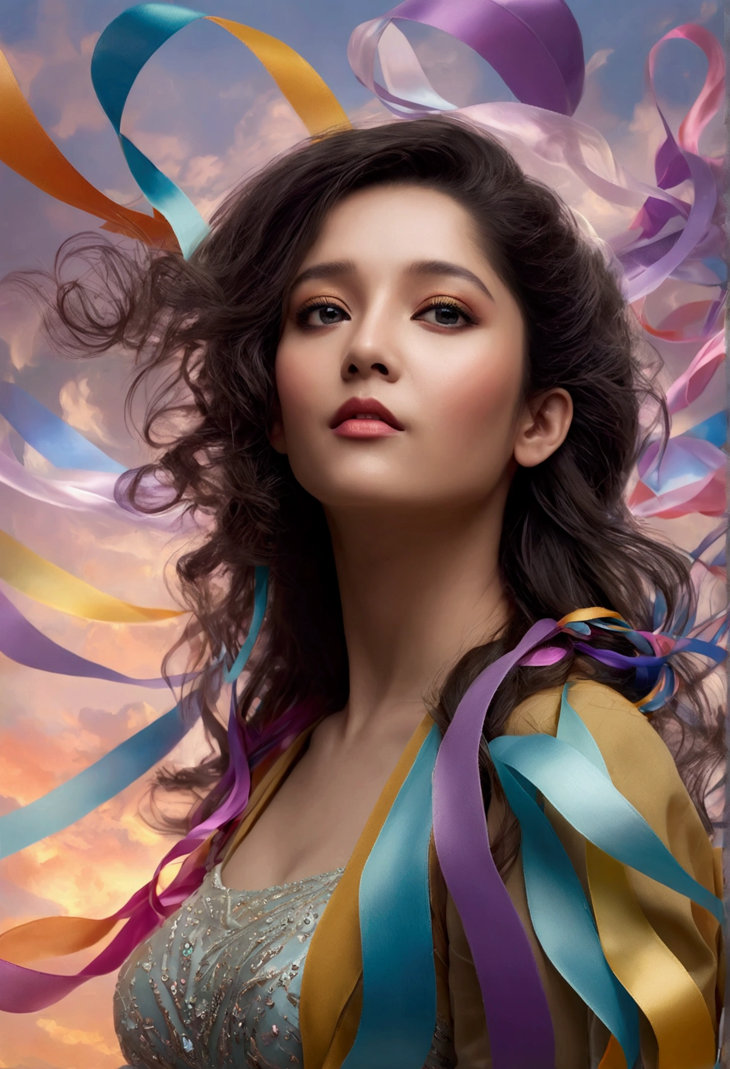 {{cute No-one55}}, floating female figure made of ribbons, smoke, in the sky, colorful and vibrant, mystical colors, contemporary impressionism, yanjun cheng portrait painting, iridescent painting, 3/4 perspective view, cute face, low angle, sweeping circling composition, large beautiful crystal eyes, big irises, UHD, HDR, 8K, (Masterpiece:1. 5), (the most beautiful portrait in the world:1.5) ritika 