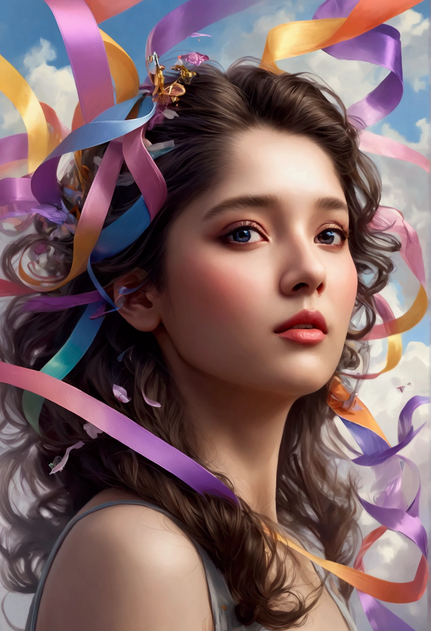 {{cute No-one55}}, floating female figure made of ribbons, smoke, in the sky, colorful and vibrant, mystical colors, contemporary impressionism, yanjun cheng portrait painting, iridescent painting, 3/4 perspective view, cute face, low angle, sweeping circling composition, large beautiful crystal eyes, big irises, UHD, HDR, 8K, (Masterpiece:1. 5), (the most beautiful portrait in the world:1.5) ritika