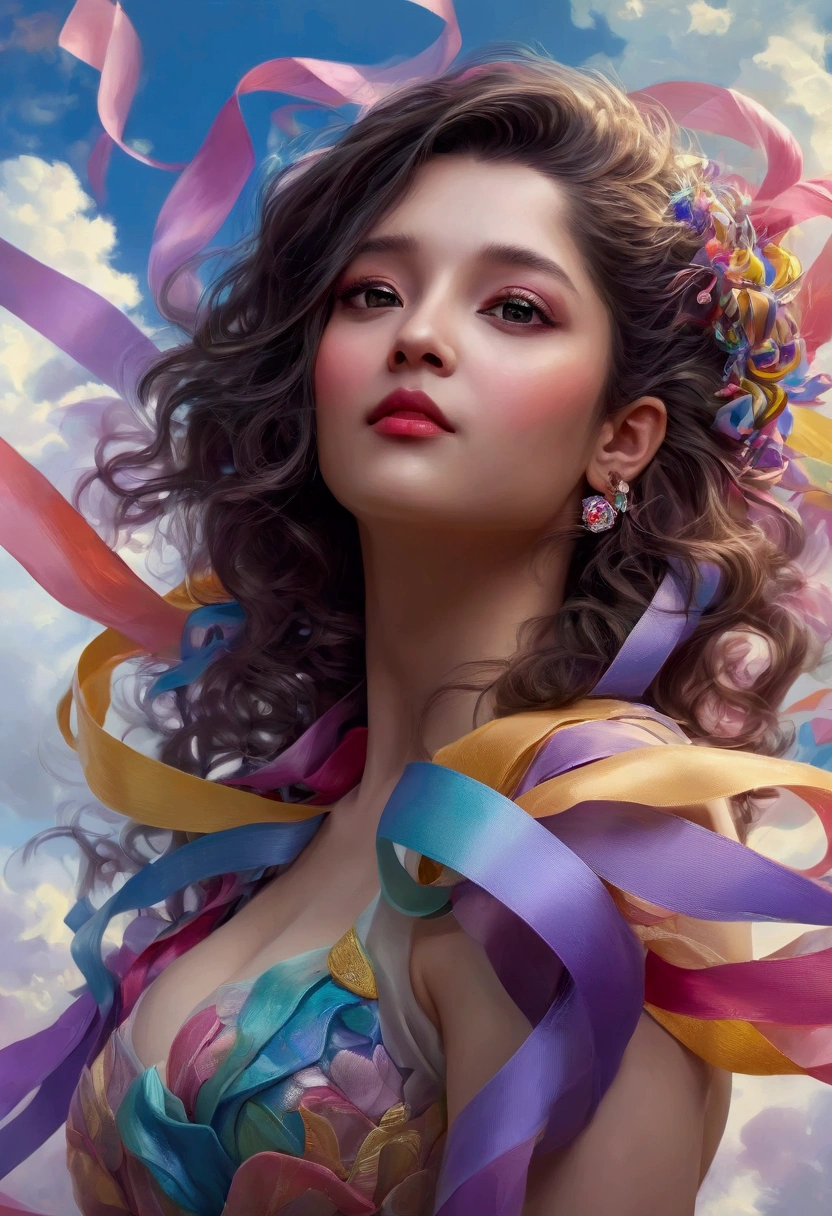 {{cute No-one55}}, floating female figure made of ribbons, smoke, in the sky, colorful and vibrant, mystical colors, contemporary impressionism, yanjun cheng portrait painting, iridescent painting, 3/4 perspective view, cute face, low angle, sweeping circling composition, large beautiful crystal eyes, big irises, UHD, HDR, 8K, (Masterpiece:1. 5), (the most beautiful portrait in the world:1.5) ritika 