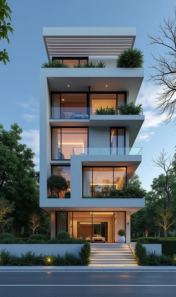 masterpiece, (photorealistic:1.2), best quality, ultra high res, exterior,architechture,modern house,white wall, glass windows,,trees,traffic road,design,trees around, blue sky,in the style of realistic hyper-detailed rendering, 32k uhd, low-angle, composite construction, piles/stacks, innovative page design, daylight,render( Vray:1.1)