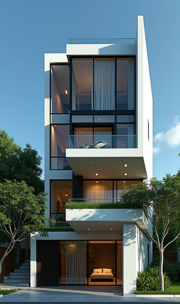 masterpiece, (photorealistic:1.2), best quality, ultra high res, exterior,architechture,modern house,white wall, glass windows,,trees,traffic road,design,trees around, blue sky,in the style of realistic hyper-detailed rendering, 32k uhd, low-angle, composite construction, piles/stacks, innovative page design, daylight,render( Vray:1.1)