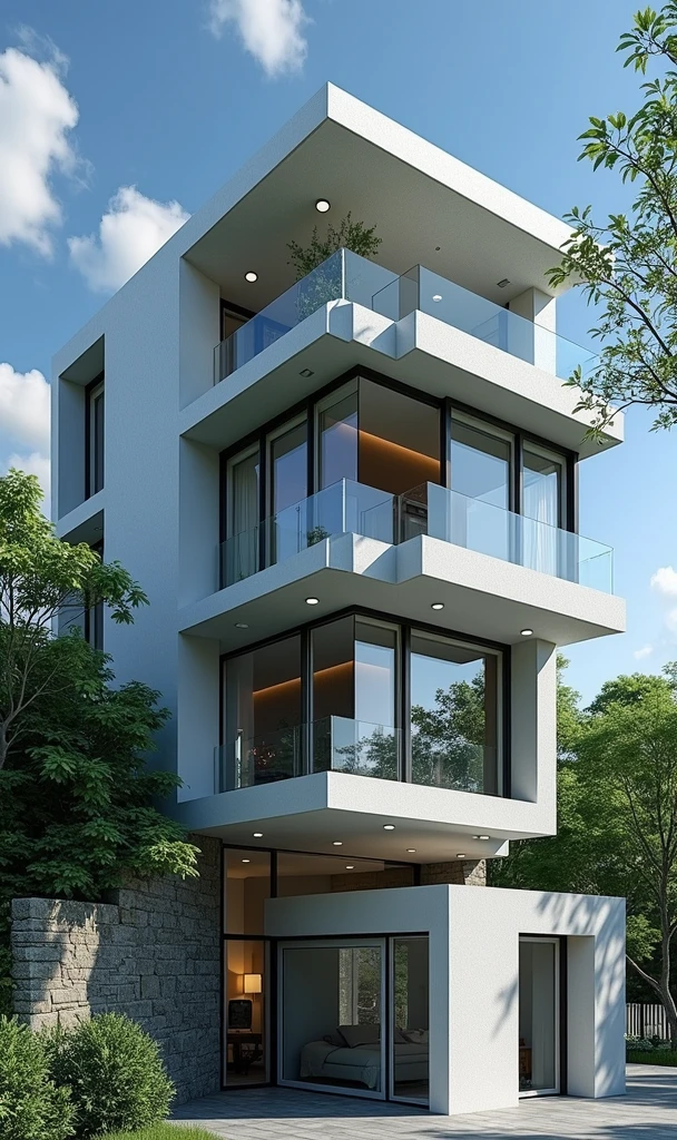 masterpiece, (photorealistic:1.2), best quality, ultra high res, exterior,architechture,modern house,white wall, glass windows,,trees,traffic road,design,trees around, blue sky,in the style of realistic hyper-detailed rendering, 32k uhd, low-angle, composite construction, piles/stacks, innovative page design, daylight,render( Vray:1.1)