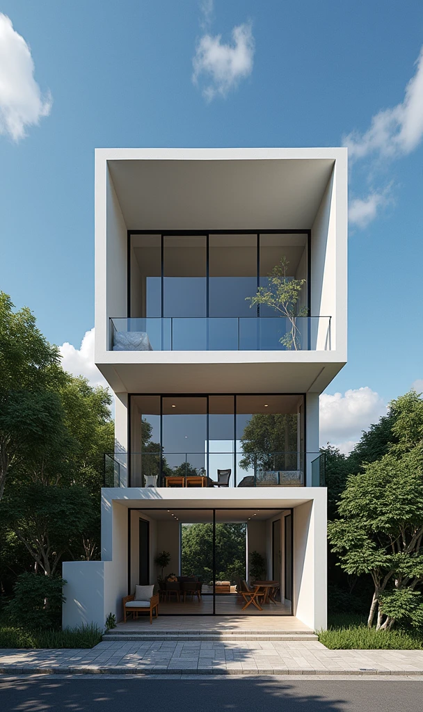 masterpiece, (photorealistic:1.2), best quality, ultra high res, exterior,architechture,modern house,white wall, glass windows,,trees,traffic road,design,trees around, blue sky,in the style of realistic hyper-detailed rendering, 32k uhd, low-angle, composite construction, piles/stacks, innovative page design, daylight,render( Vray:1.1)