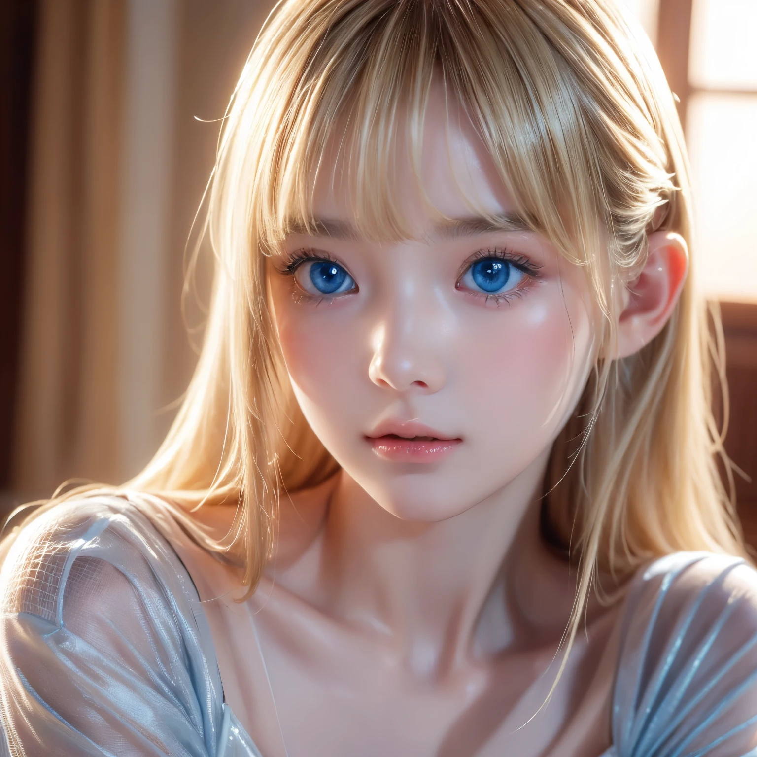 Dressed、(Photorealistic:1.4)、(ハイパーRealistic:1.4)、(Realistic:1.3)、(Smooth lighting:1.05)、(Improved cinematic lighting quality:0.9)、32K、1 Girl、Very cute expression、A beautiful  blonde girl、Realistic top lighting、Backlight、Face Light、super long platinum blonde silky hair、、Beautiful bangs、bangs over eyes、Ray tracing、(Bright light:1.2)、(quality improvement:1.4)、(Highest quality realistic textured skin:1.4)、Very beautiful detailed large shining light blue eyes、Very big eyes、Detailed face、A careful eye for quality、(Tired, sleepy and satisfied: 0.0)、Face close up、T-Shirts、(Enhances the body line:1.1)、(Enhances the beauty of skin texture:1.1)、Cheek gloss highlight、Small Face Beauty、Round face