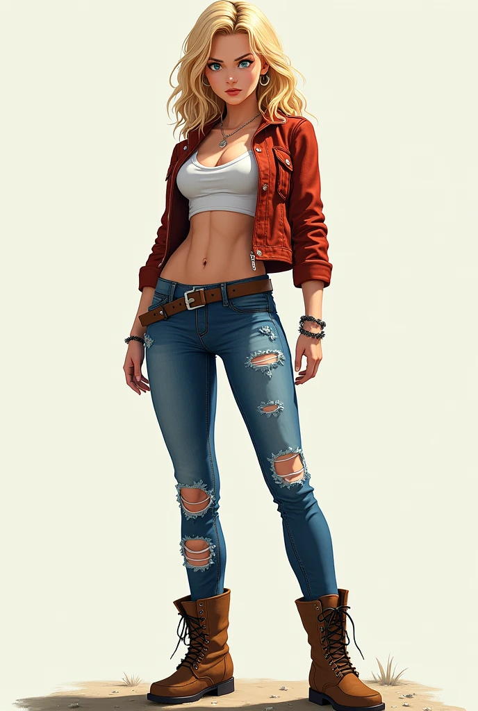 ANDROIDE 18 DRAGON BALL, realist, sexy, Whole body, brown boots and ripped jeans