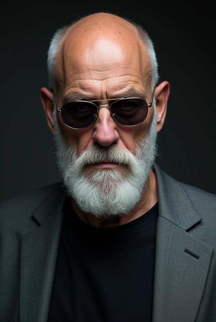 Free Fire male skin with pointy white hair and a white beard and black glasses No shirt with a black background with rays