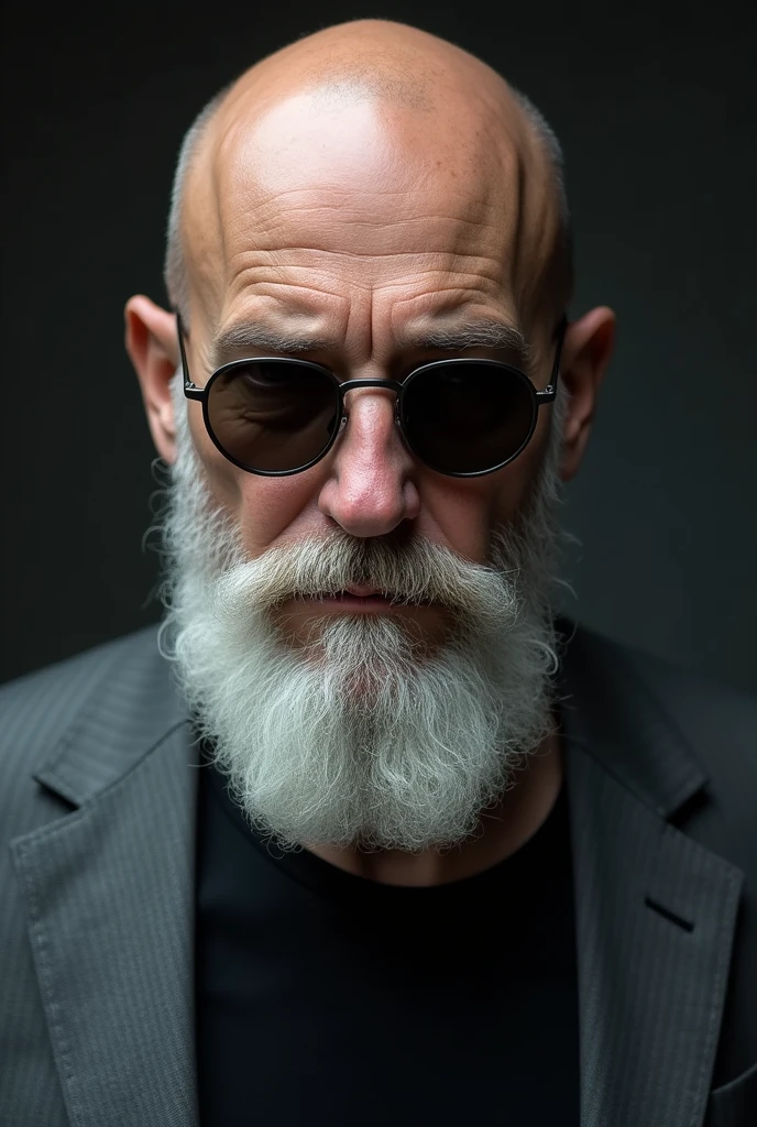 Completely bald white male , White beard , Hooked nose , Thin lips ,Sunglasses with round dark frame , Black T-shirt , Grey suit jacket