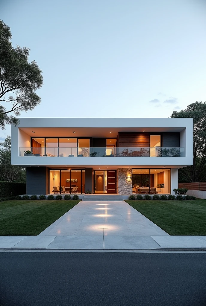 a view of a modern house with a large front yard, Main material by white wall and stone and wood., 1 road passes in front of the house., (raw photo, real, Best Quality, masterpiece:1.2), look modern minimalist, 1 path in front of the house, shime ring light, shine of light from within:1.2, dynamic lighting:1.3, (hyper realistic, photo-realistic:1.2), high quality, day light, high contrast :0.5 perfect lighting, ArchDaily, contemporary award-winning, contemporary masterpiece, well-designed masterpiece, large modern residence, Neotradicional moderno, wide angle exteriors 2022, mid century modern, contemporary house, modern and modern atmosphere, a long shot from the front, award-winning modern design, impressive lines, residential, Subtle details, open pose, open view