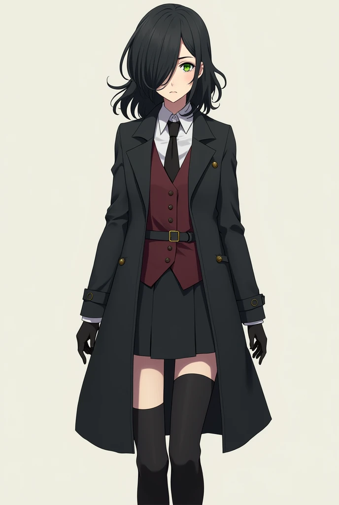 A female character in the style of drawing from the anime bungou stray dogs. Young and serene appearance, elegant that reflects intelligence and maturity, hair down to below the shoulders, wavy and dark, black, with an asymmetrical hairstyle that partially covers one side of her face, Her right eye is covered by her hair. His eyes are a deep green color. He is wearing black clothing that includes a long, dark trench coat., with long sleeves and shorts NO SKIRT. The trench coat has a belt tied at the waist., that fastens in the front. He has a white button-down shirt and a small, wine-red, closed vest.. He wears gloves and knee-high boots and a tie., los tres black. The posture and facial expression suggest that she is ready for a battle or quick action.. She is tall and serious.