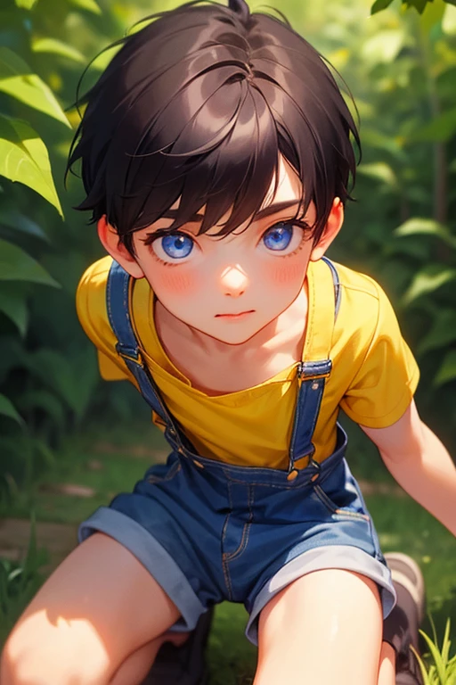 1boy, young little british boy in overalls with shorts and a yellow shirt underneath, dynamic bending on knee poses, glowing blue eyes, outdoor, close-up