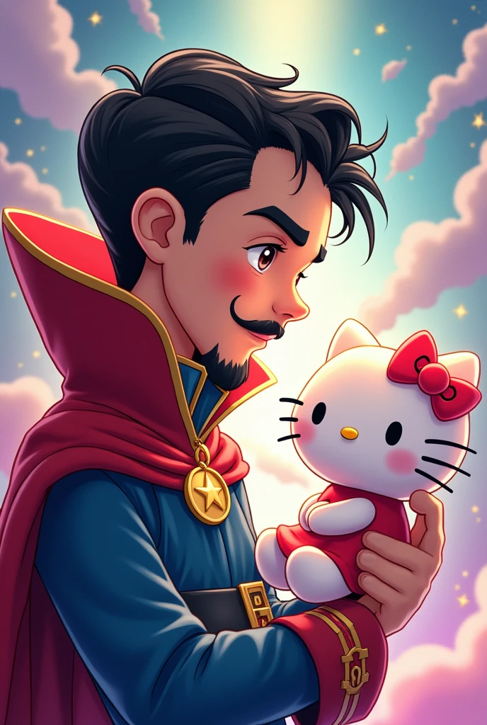 Create a drawing of Dr.. Strange young man with goatee beard in love with Hello Kitty smiling kawaii cartoon version