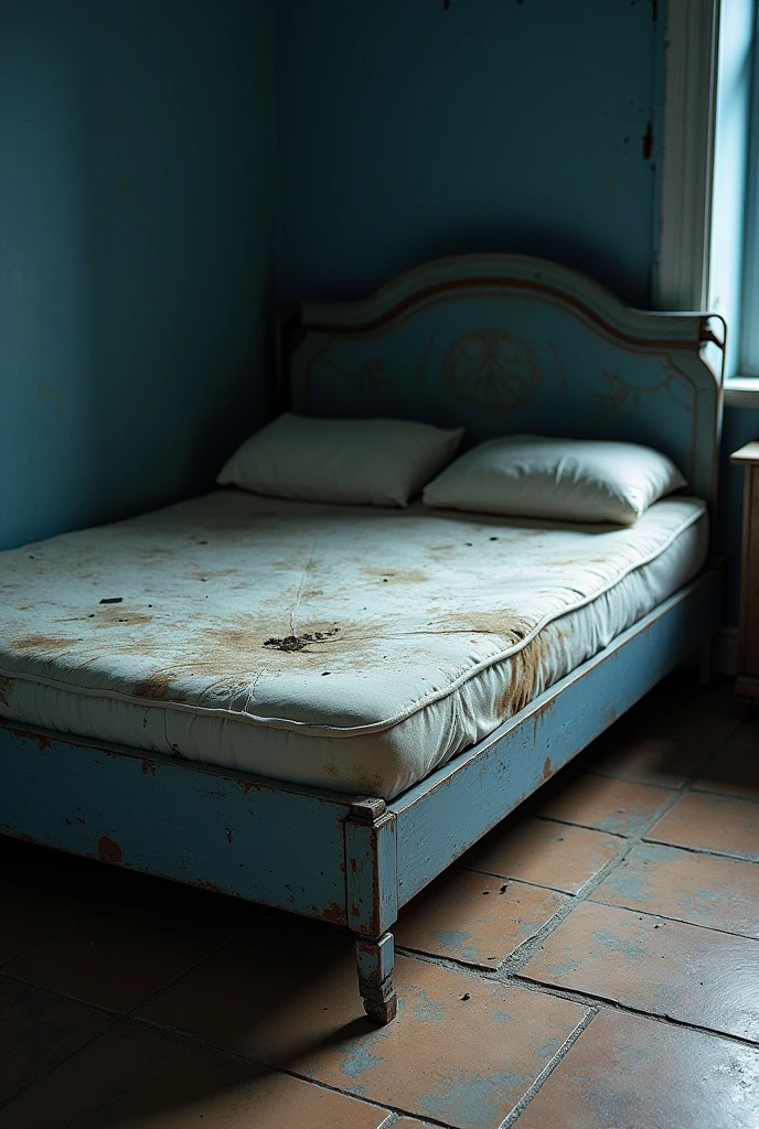 Create me a bed with a blue base and a white mattress and with dull colors because it is so old., that is broken from the corners in a subtle way, that the floor be made of skin-colored and brown tiles and the wall be dark blue, Focus more closely on the mattress that is broken