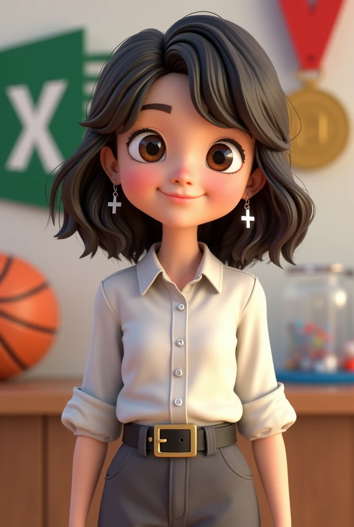 ager, with dark brown hair, dark brown eyes, wavy hair that is somewhat curly, shoulder length hair and cut in layers separated almost in the middle but not completely in the middle, somewhat disheveled without bangs but with strands around the face, not so skinny, white skin, 1.65cm tall, not so skinny but not fat either, somewhat round face, small nose and mouth, slightly Chinese but big eyes. Include in the background something related to excel the logo, basketball, programming, test tubes or a periodic table of chemistry, and winning medals or competitions. Animated. Clothing: formal gray dress pants, button-down dress shirt, black belt, small hoop earrings with a silver cross hanging and silver rings. Look young, study high school. Not anime style. Make it animated, something 3D. Make a more casual pose. Keep what I asked for the background. Not so thin. More disheveled, a more teenair. A little more disheveled, tips pointed up. Simple smile, facing forward. Hair touching the shoulders. Animated 3D.