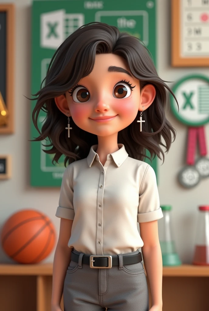 teenager, with dark brown hair, dark brown eyes, wavy hair that is somewhat curly, shoulder length hair and cut in layers separated almost in the middle but not completely in the middle, somewhat disheveled without bangs but with strands around the face, not so skinny, white skin, 1.65cm tall, not so skinny but not fat either, somewhat round face, small nose and mouth, slightly Chinese but big eyes. Include in the background something related to excel the logo, basketball, programming, test tubes or a periodic table of chemistry, and winning medals or competitions. Animated. Clothing: formal gray dress pants, button-down dress shirt, black belt, small hoop earrings with a silver cross hanging and silver rings. Look young, study high school. Not anime style. Make it animated, something 3D. Make a more casual pose. Keep what I asked for the background. Not so thin. More disheveled, a more teenage air. A little more disheveled, tips pointed up. Simple smile, facing forward. Hair touching the shoulders. Animated 3D.