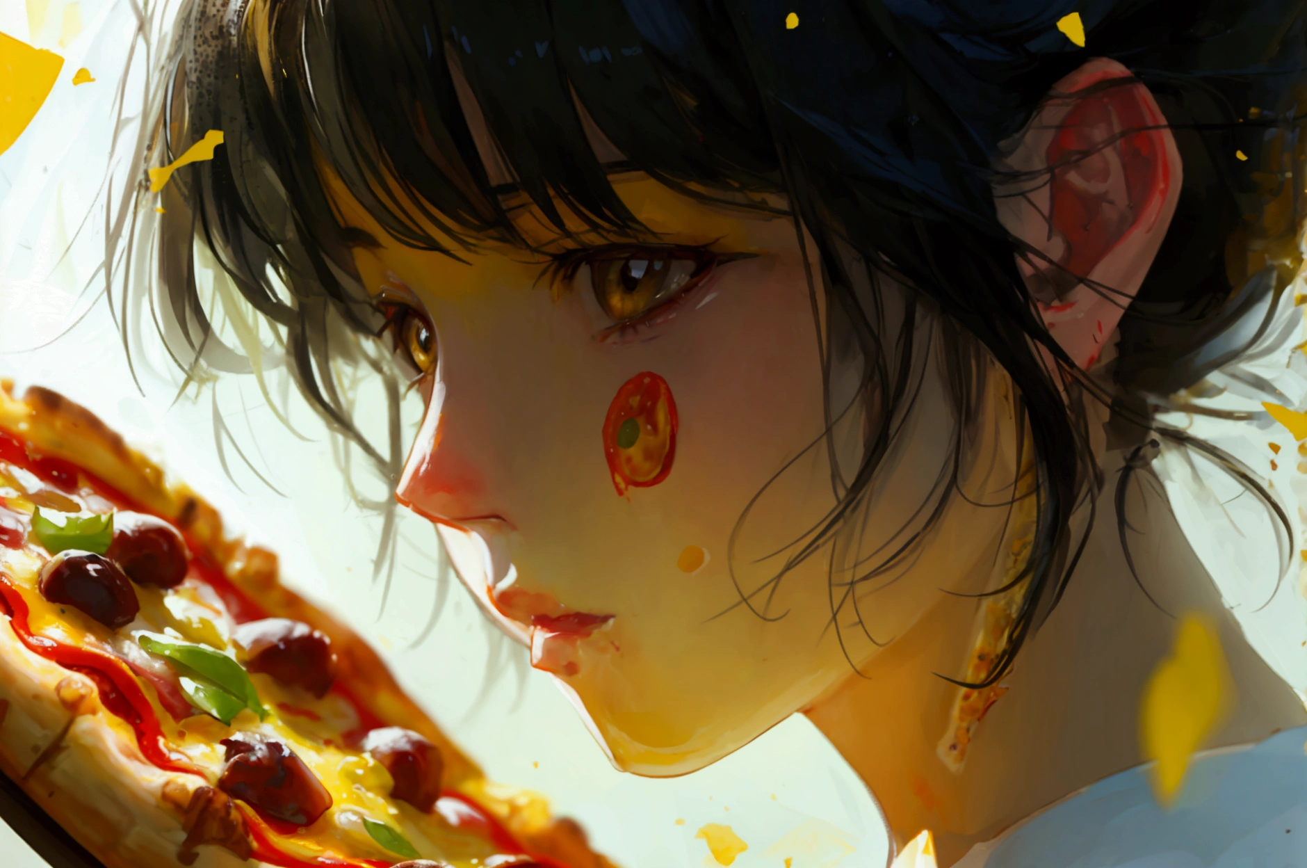 a yellow pizza, emotions in her, close de angulo, half detailed