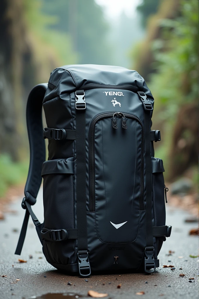 Create an image of a tactical-style waterproof backpack in an active outdoor setting, such as a gym or hiking trail. The backpack should look durable and practical, with a sleek, modern design, appealing to athletes and adventurers