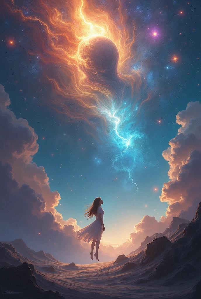 The universe was full of galaxies and many shades of colors,In front of us there is a very large being without a specific shape and a girl floating in the same universe. 
