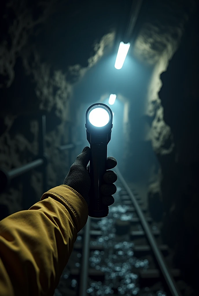 underground mine, I want a first person view, the only apparent member is just an arm, with a white light flashlight